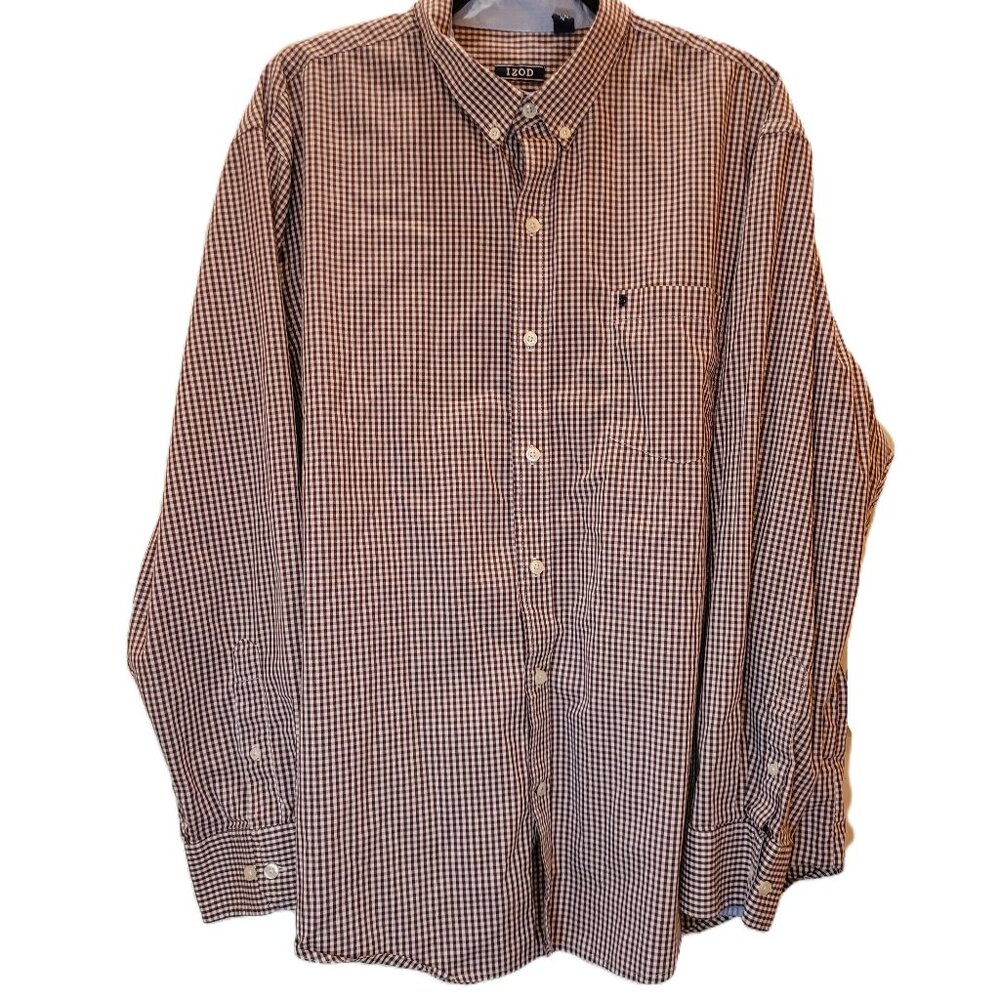 Izod Long Sleeve Button Up Burgundy/White Checkered Non-Iron Stretch Sz XL